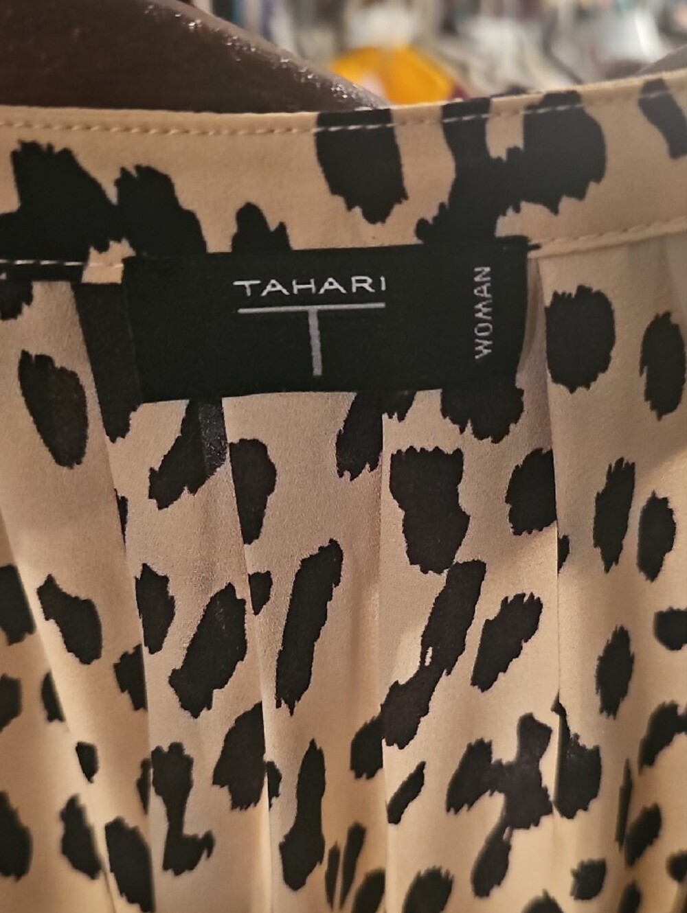 Tahari Beige and Black Spotted V-Neck Blouse - Picture 2 of 7